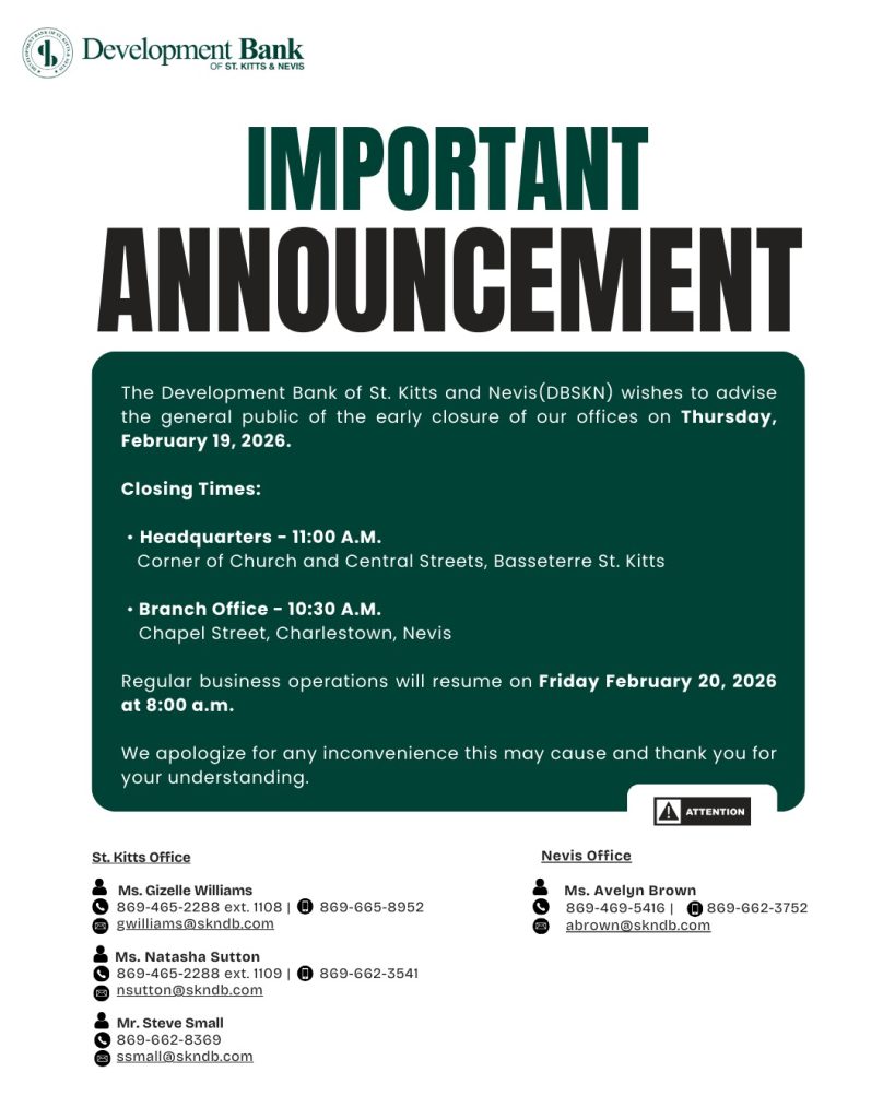 Development Bank of St. Kitts and Nevis Early Closure Notice